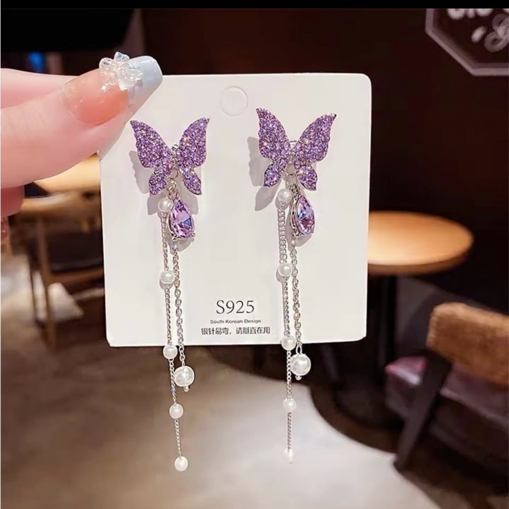 NEW Purple Butterfly Pearl Long Dangle Earrings